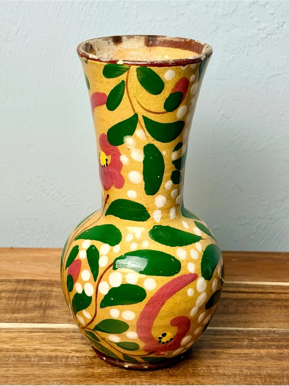 Vintage Italian Hand-Painted Yellow Floral Ceramic Vase with Pink Flowers